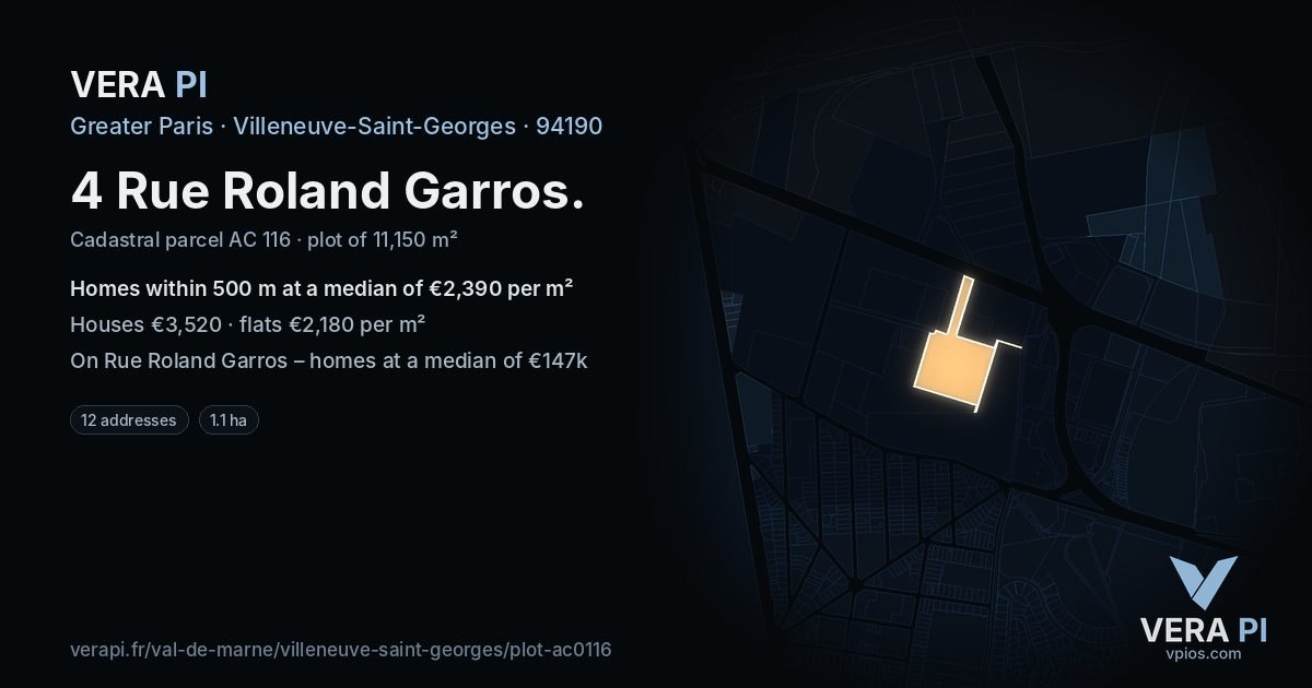 4 Rue Roland Garros, Villeneuve-Saint-Georges at night – the plot lit, the parcels around coloured by the prices near them