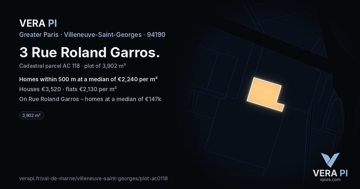 3 Rue Roland Garros, Villeneuve-Saint-Georges at night – the plot lit, the parcels around coloured by the prices near them