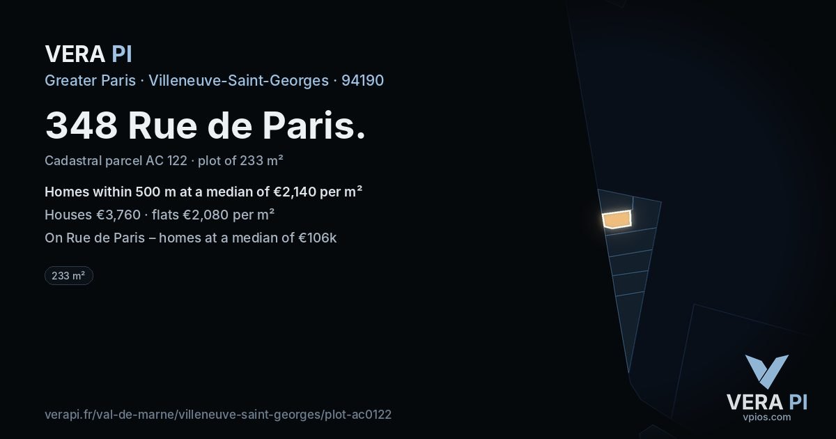 348 Rue de Paris, Villeneuve-Saint-Georges at night – the plot lit, the parcels around coloured by the prices near them