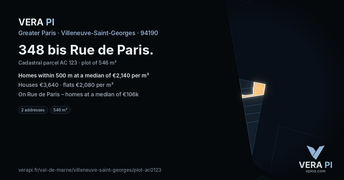 348 bis Rue de Paris, Villeneuve-Saint-Georges at night – the plot lit, the parcels around coloured by the prices near them