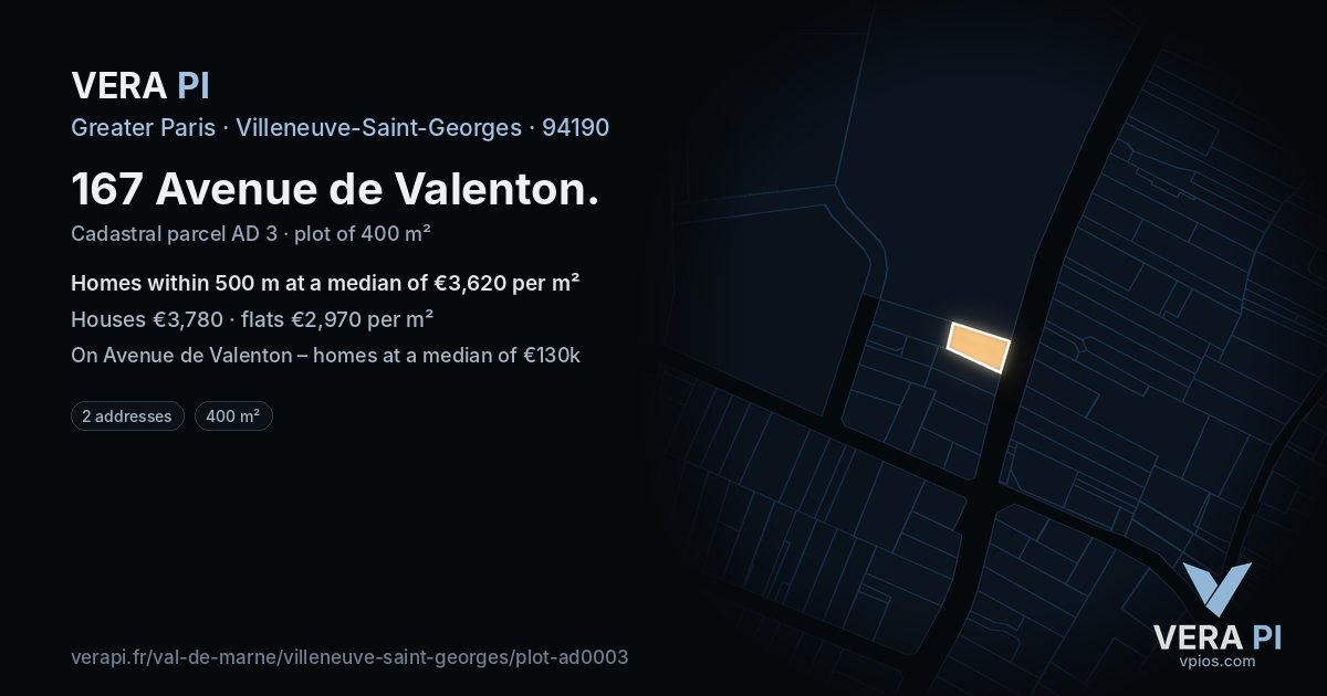 167 Avenue de Valenton, Villeneuve-Saint-Georges at night – the plot lit, the parcels around coloured by the prices near them