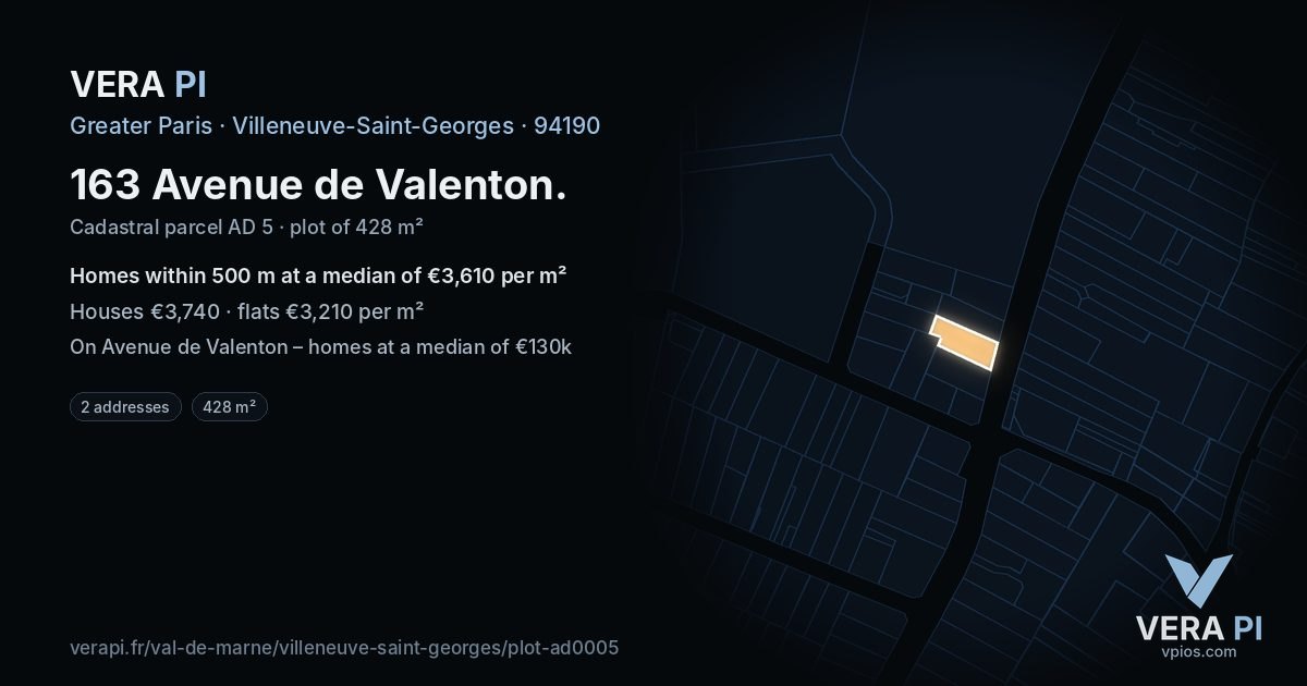 163 Avenue de Valenton, Villeneuve-Saint-Georges at night – the plot lit, the parcels around coloured by the prices near them