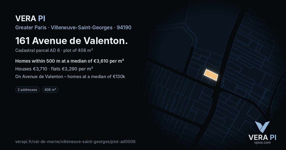 161 Avenue de Valenton, Villeneuve-Saint-Georges at night – the plot lit, the parcels around coloured by the prices near them