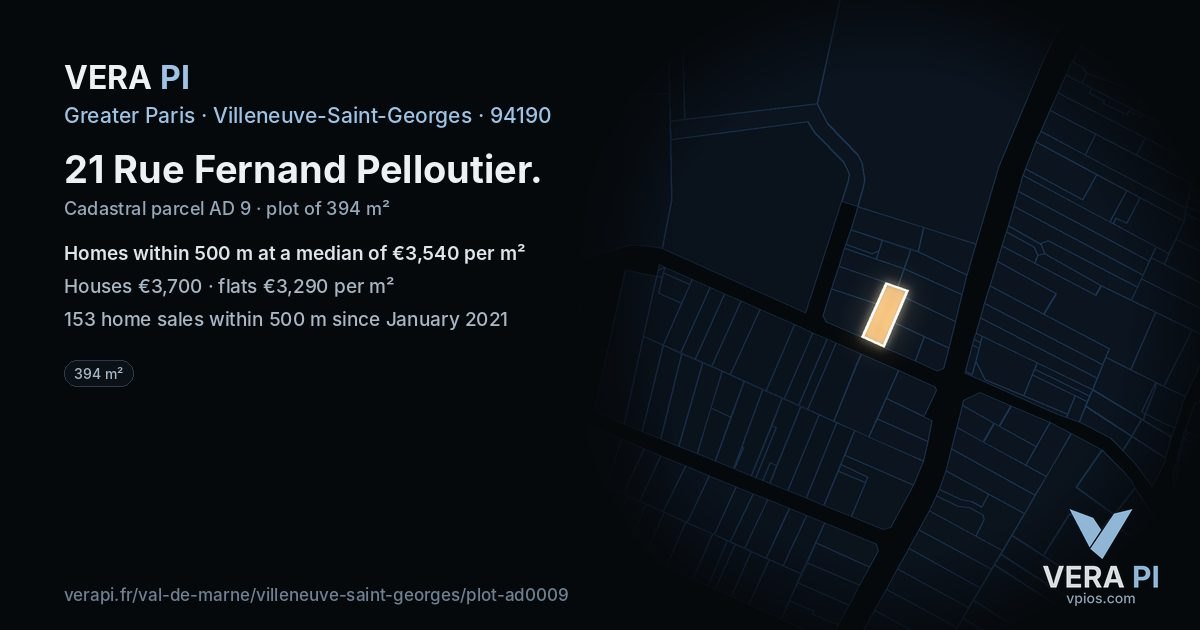 21 Rue Fernand Pelloutier, Villeneuve-Saint-Georges at night – the plot lit, the parcels around coloured by the prices near them