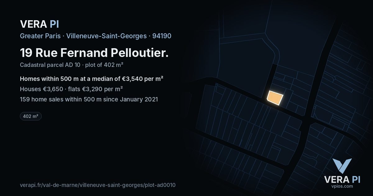 19 Rue Fernand Pelloutier, Villeneuve-Saint-Georges at night – the plot lit, the parcels around coloured by the prices near them