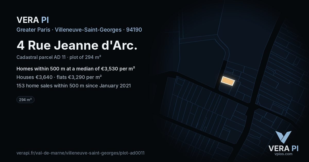 4 Rue Jeanne d'Arc, Villeneuve-Saint-Georges at night – the plot lit, the parcels around coloured by the prices near them