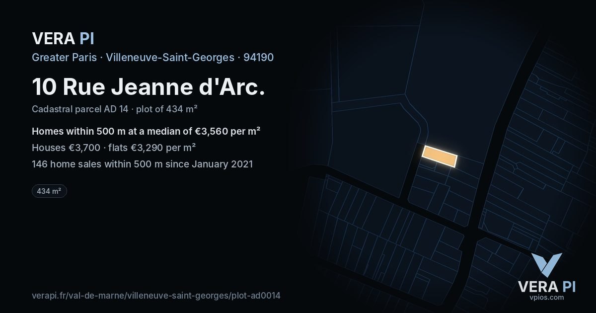 10 Rue Jeanne d'Arc, Villeneuve-Saint-Georges at night – the plot lit, the parcels around coloured by the prices near them