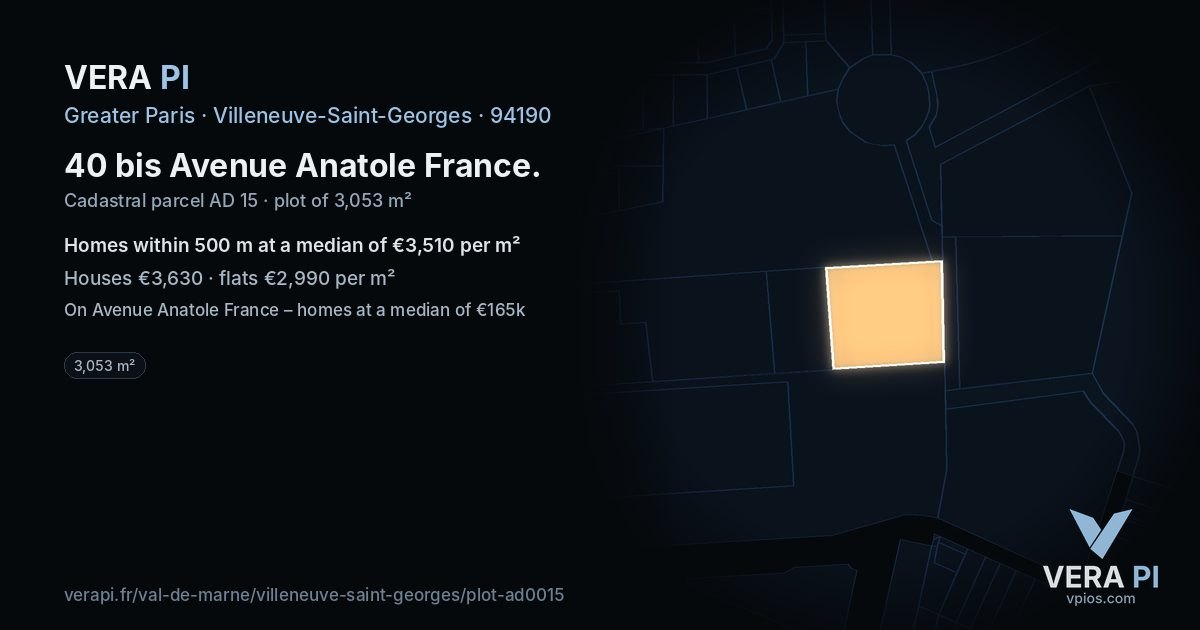 40 bis Avenue Anatole France, Villeneuve-Saint-Georges at night – the plot lit, the parcels around coloured by the prices near them