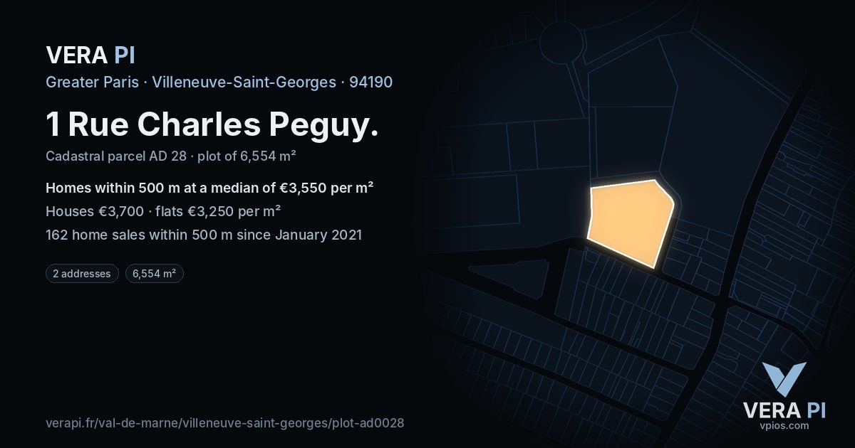 1 Rue Charles Peguy, Villeneuve-Saint-Georges at night – the plot lit, the parcels around coloured by the prices near them