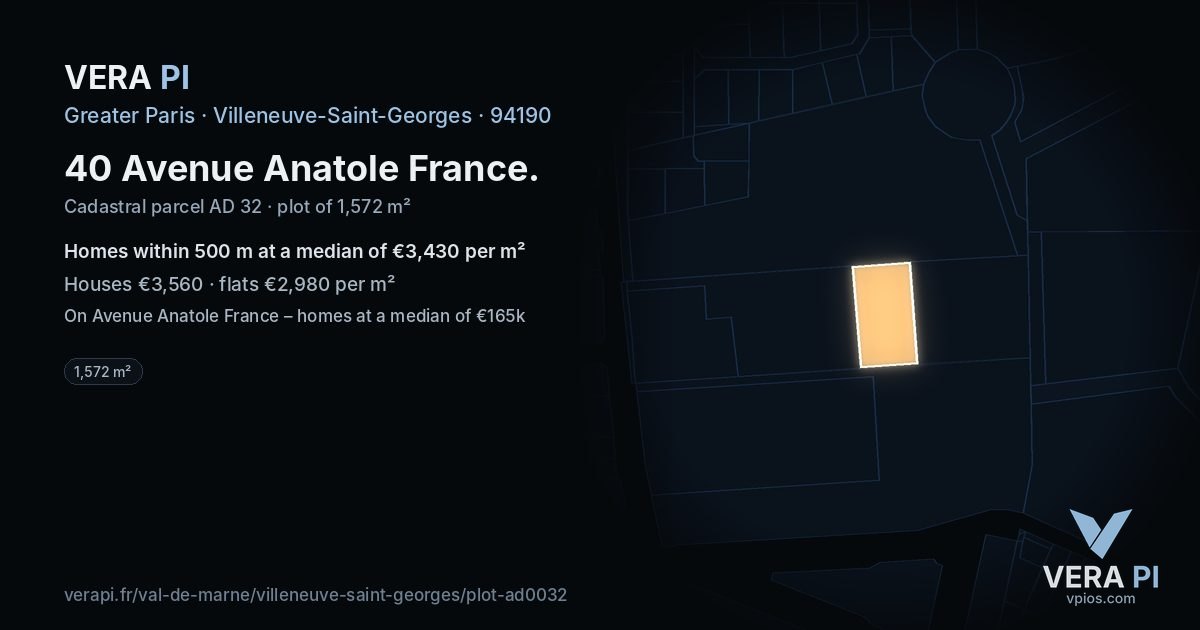 40 Avenue Anatole France, Villeneuve-Saint-Georges at night – the plot lit, the parcels around coloured by the prices near them