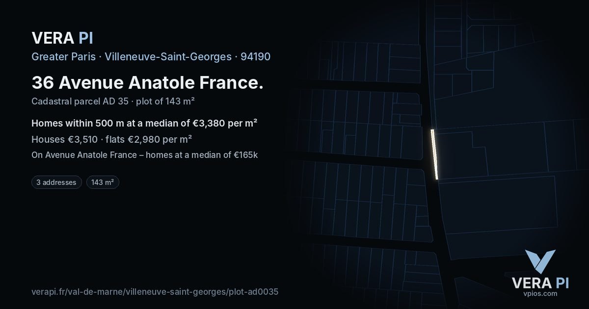 36 Avenue Anatole France, Villeneuve-Saint-Georges at night – the plot lit, the parcels around coloured by the prices near them