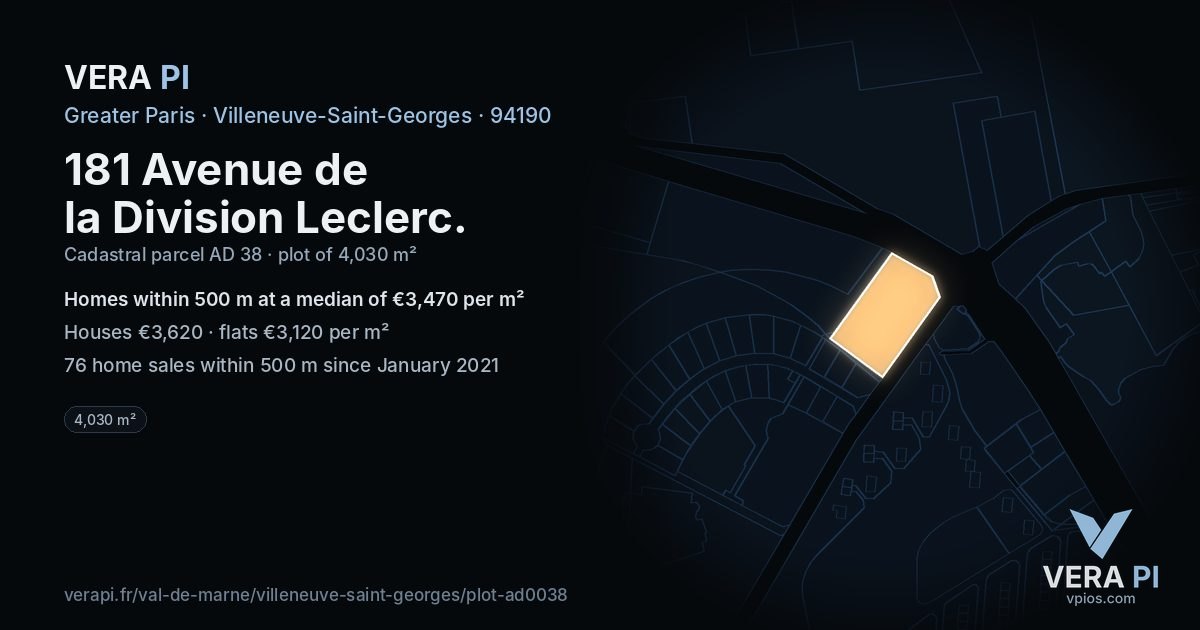 181 Avenue de la Division Leclerc, Villeneuve-Saint-Georges at night – the plot lit, the parcels around coloured by the prices near them
