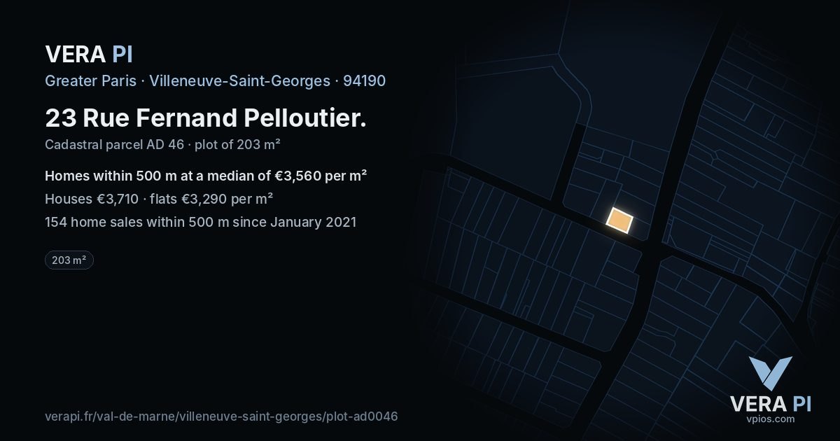23 Rue Fernand Pelloutier, Villeneuve-Saint-Georges at night – the plot lit, the parcels around coloured by the prices near them