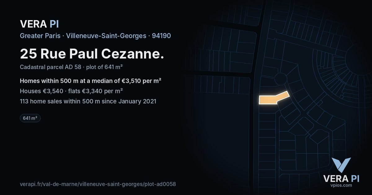 25 Rue Paul Cezanne, Villeneuve-Saint-Georges at night – the plot lit, the parcels around coloured by the prices near them
