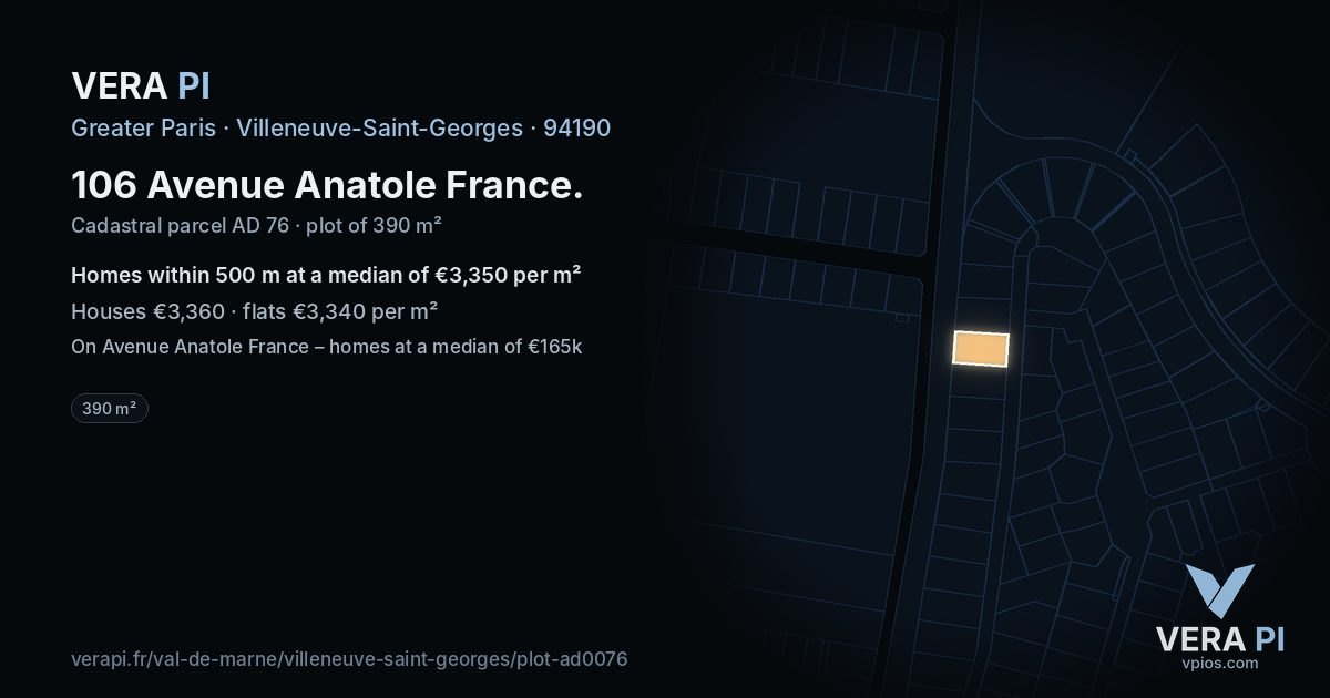 106 Avenue Anatole France, Villeneuve-Saint-Georges at night – the plot lit, the parcels around coloured by the prices near them