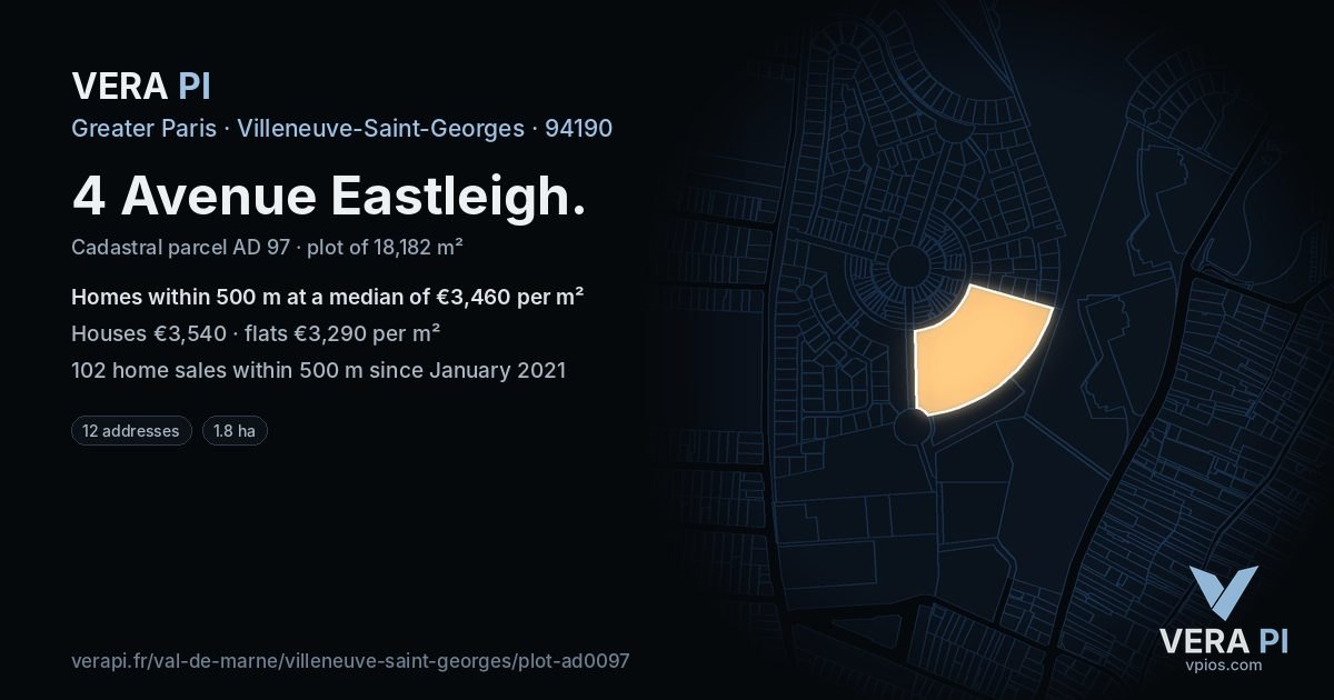 4 Avenue Eastleigh, Villeneuve-Saint-Georges at night – the plot lit, the parcels around coloured by the prices near them