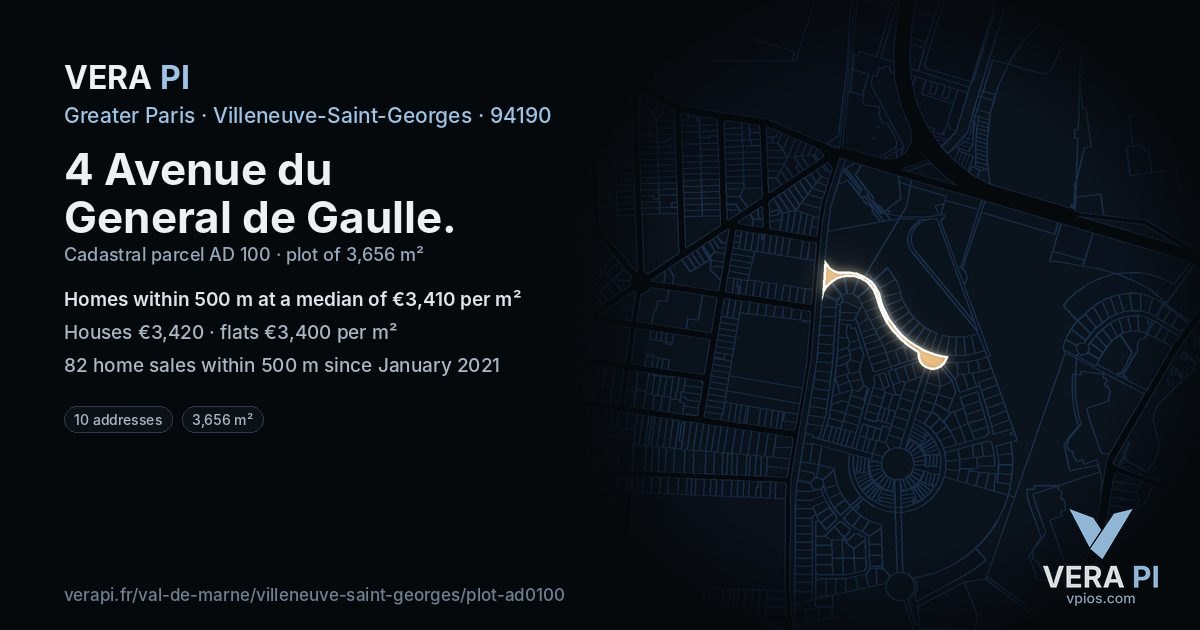 4 Avenue du General de Gaulle, Villeneuve-Saint-Georges at night – the plot lit, the parcels around coloured by the prices near them