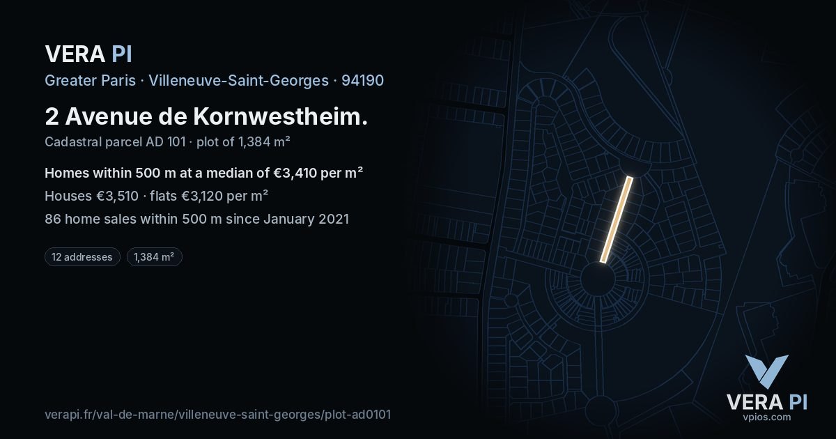 2 Avenue de Kornwestheim, Villeneuve-Saint-Georges at night – the plot lit, the parcels around coloured by the prices near them