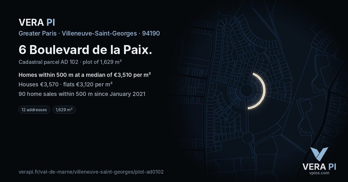 6 Boulevard de la Paix, Villeneuve-Saint-Georges at night – the plot lit, the parcels around coloured by the prices near them