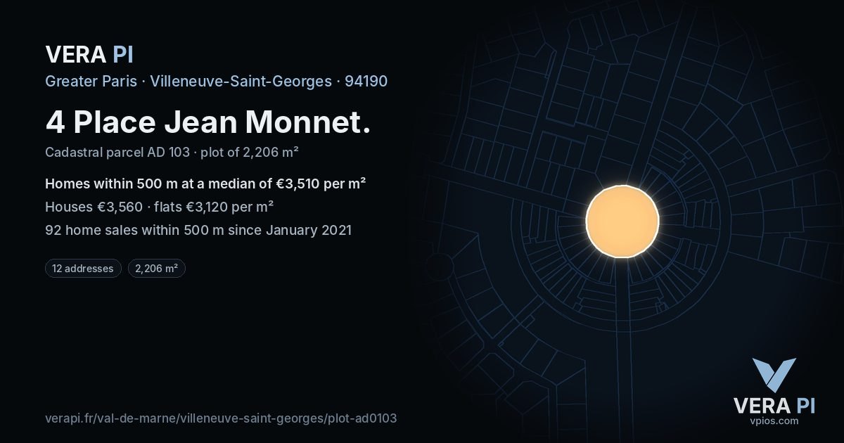 4 Place Jean Monnet, Villeneuve-Saint-Georges at night – the plot lit, the parcels around coloured by the prices near them