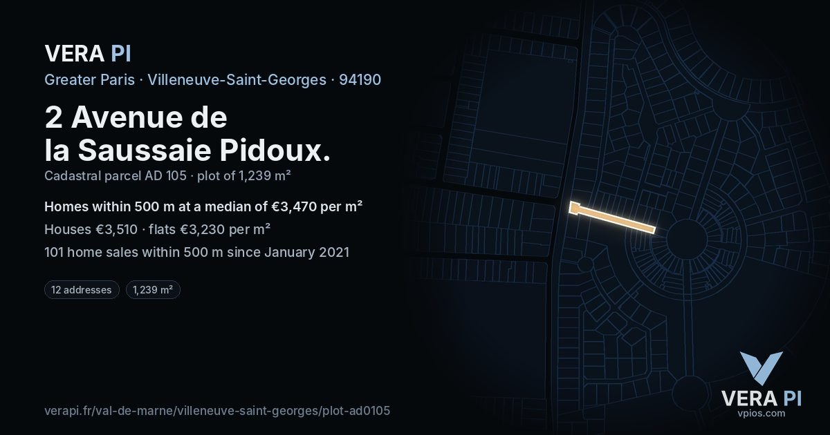 2 Avenue de la Saussaie Pidoux, Villeneuve-Saint-Georges at night – the plot lit, the parcels around coloured by the prices near them