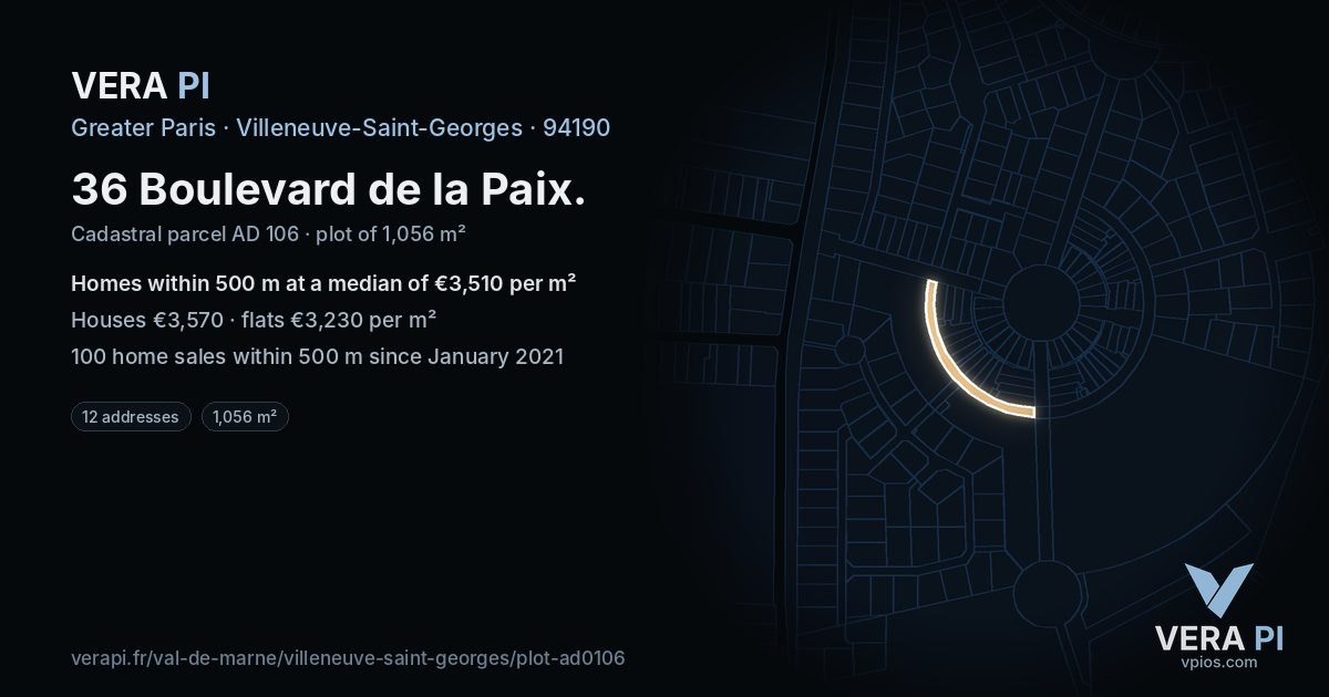 36 Boulevard de la Paix, Villeneuve-Saint-Georges at night – the plot lit, the parcels around coloured by the prices near them