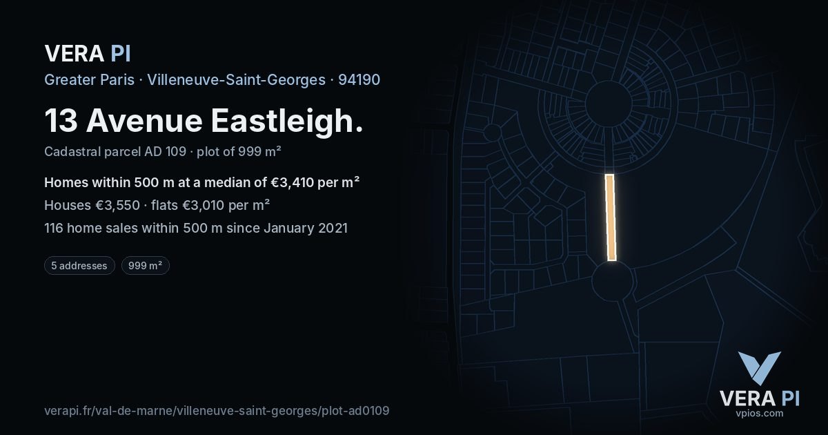 13 Avenue Eastleigh, Villeneuve-Saint-Georges at night – the plot lit, the parcels around coloured by the prices near them