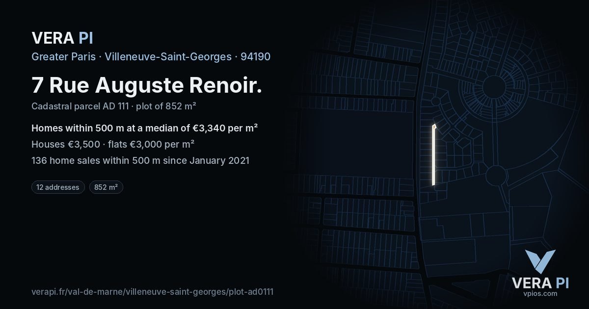 7 Rue Auguste Renoir, Villeneuve-Saint-Georges at night – the plot lit, the parcels around coloured by the prices near them