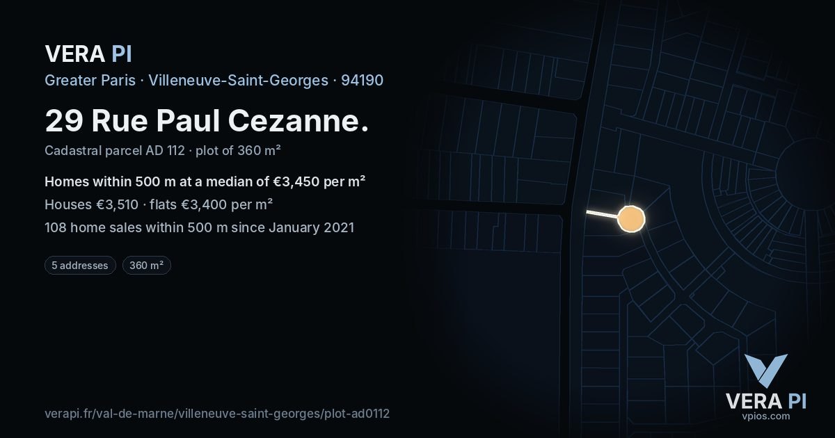 29 Rue Paul Cezanne, Villeneuve-Saint-Georges at night – the plot lit, the parcels around coloured by the prices near them