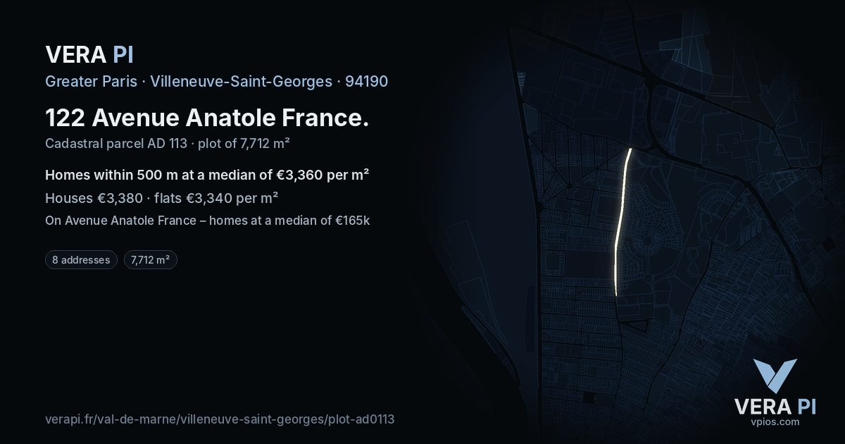 122 Avenue Anatole France, Villeneuve-Saint-Georges at night – the plot lit, the parcels around coloured by the prices near them
