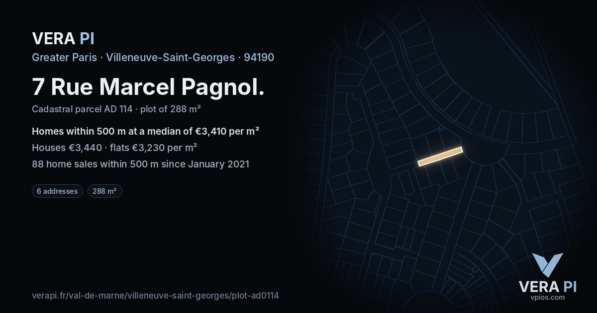 7 Rue Marcel Pagnol, Villeneuve-Saint-Georges at night – the plot lit, the parcels around coloured by the prices near them