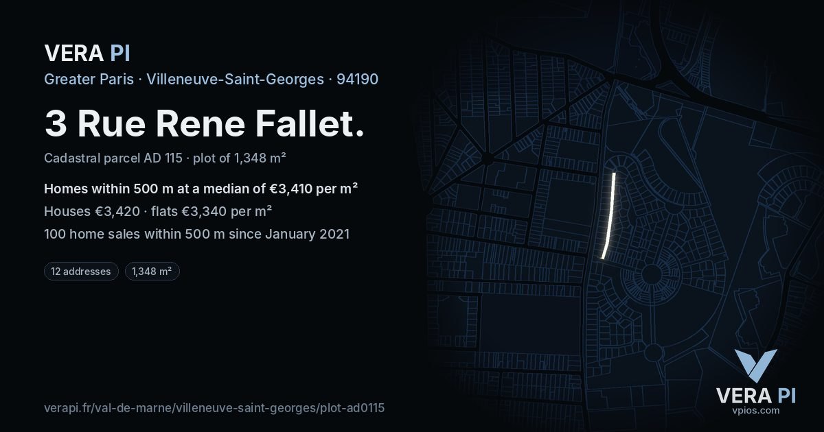 3 Rue Rene Fallet, Villeneuve-Saint-Georges at night – the plot lit, the parcels around coloured by the prices near them