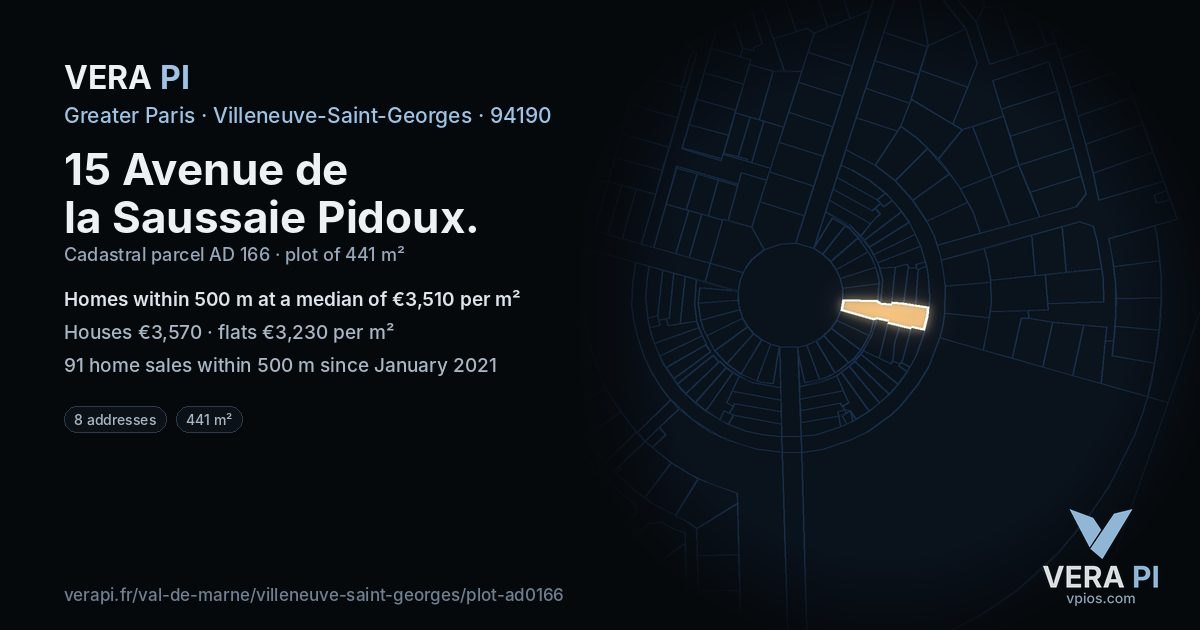 15 Avenue de la Saussaie Pidoux, Villeneuve-Saint-Georges at night – the plot lit, the parcels around coloured by the prices near them