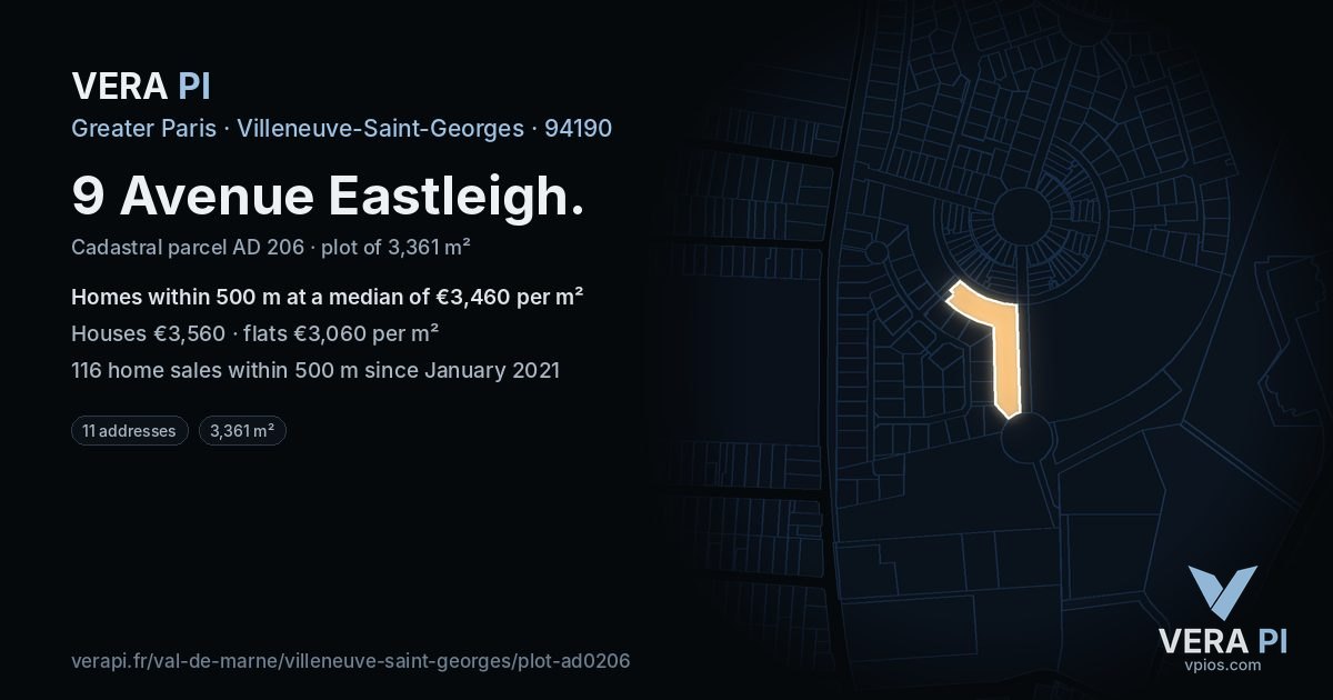 9 Avenue Eastleigh, Villeneuve-Saint-Georges at night – the plot lit, the parcels around coloured by the prices near them