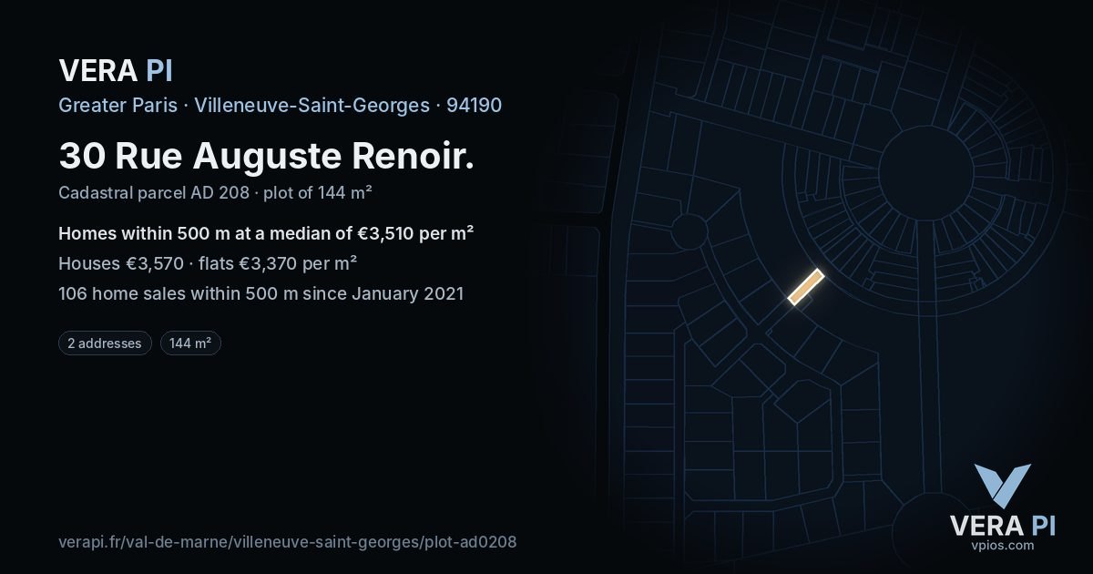 30 Rue Auguste Renoir, Villeneuve-Saint-Georges at night – the plot lit, the parcels around coloured by the prices near them