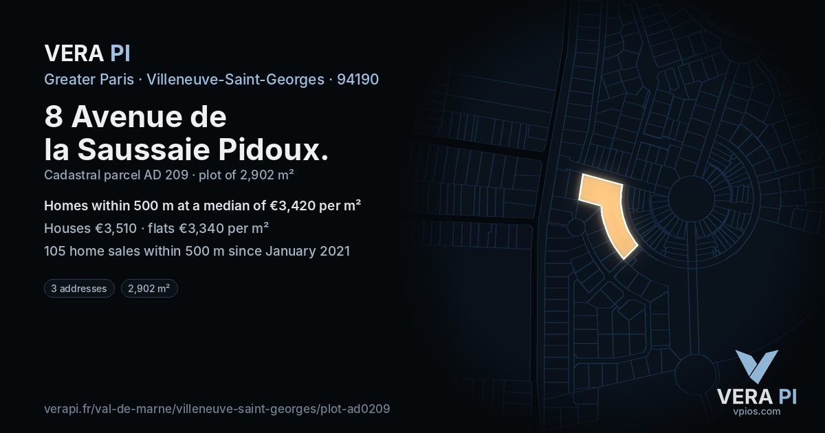 8 Avenue de la Saussaie Pidoux, Villeneuve-Saint-Georges at night – the plot lit, the parcels around coloured by the prices near them