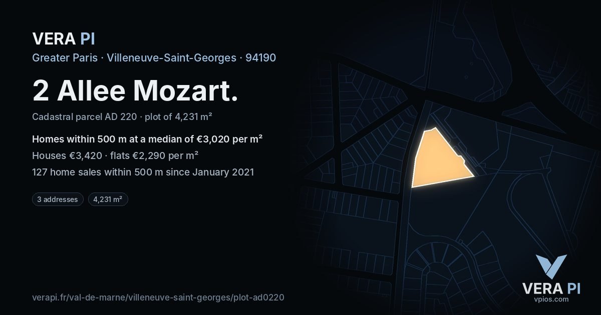 2 Allee Mozart, Villeneuve-Saint-Georges at night – the plot lit, the parcels around coloured by the prices near them