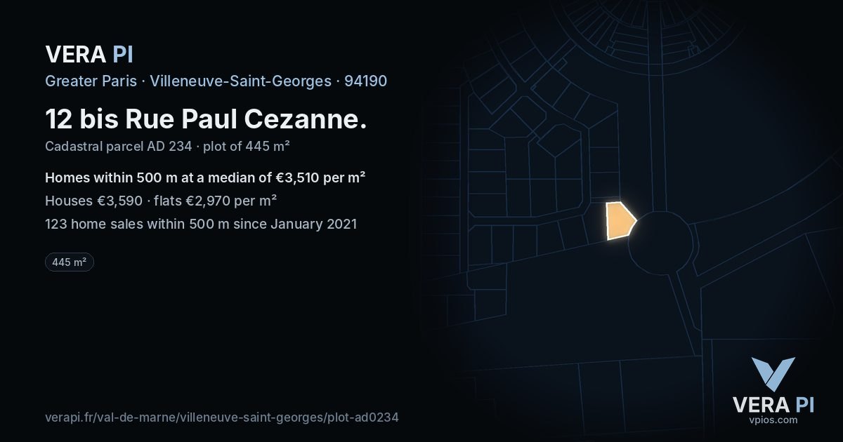 12 bis Rue Paul Cezanne, Villeneuve-Saint-Georges at night – the plot lit, the parcels around coloured by the prices near them