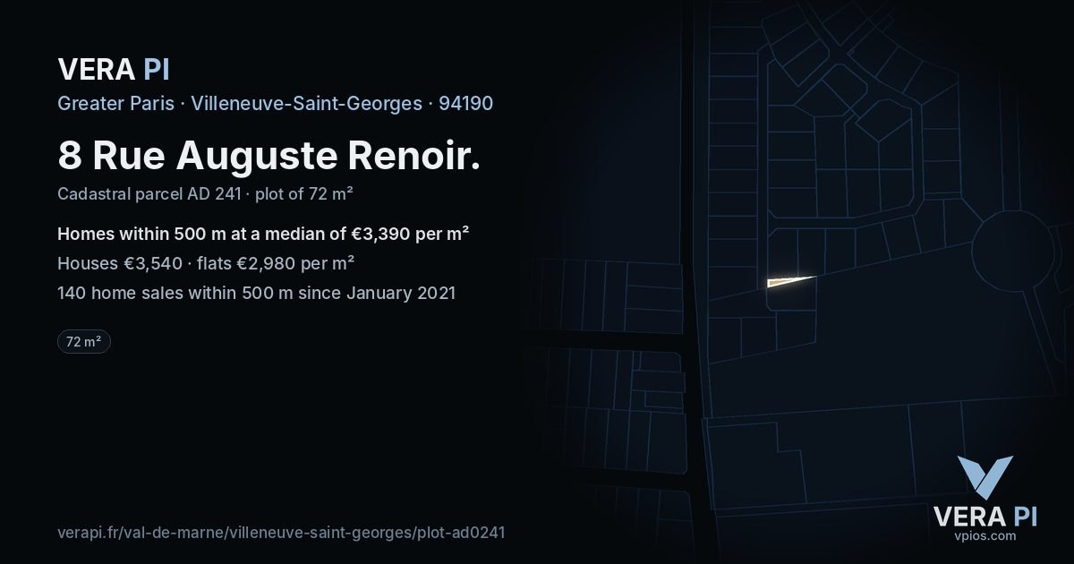 8 Rue Auguste Renoir, Villeneuve-Saint-Georges at night – the plot lit, the parcels around coloured by the prices near them