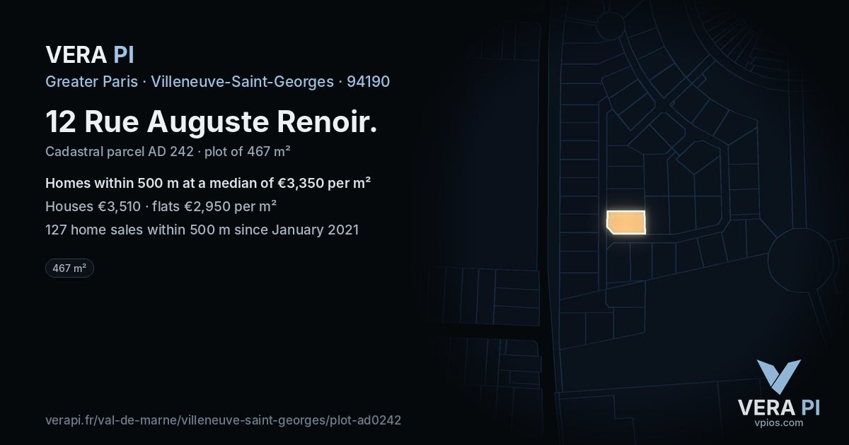 12 Rue Auguste Renoir, Villeneuve-Saint-Georges at night – the plot lit, the parcels around coloured by the prices near them