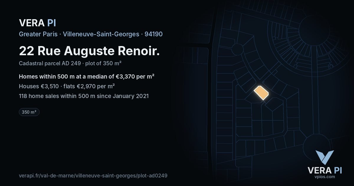 22 Rue Auguste Renoir, Villeneuve-Saint-Georges at night – the plot lit, the parcels around coloured by the prices near them