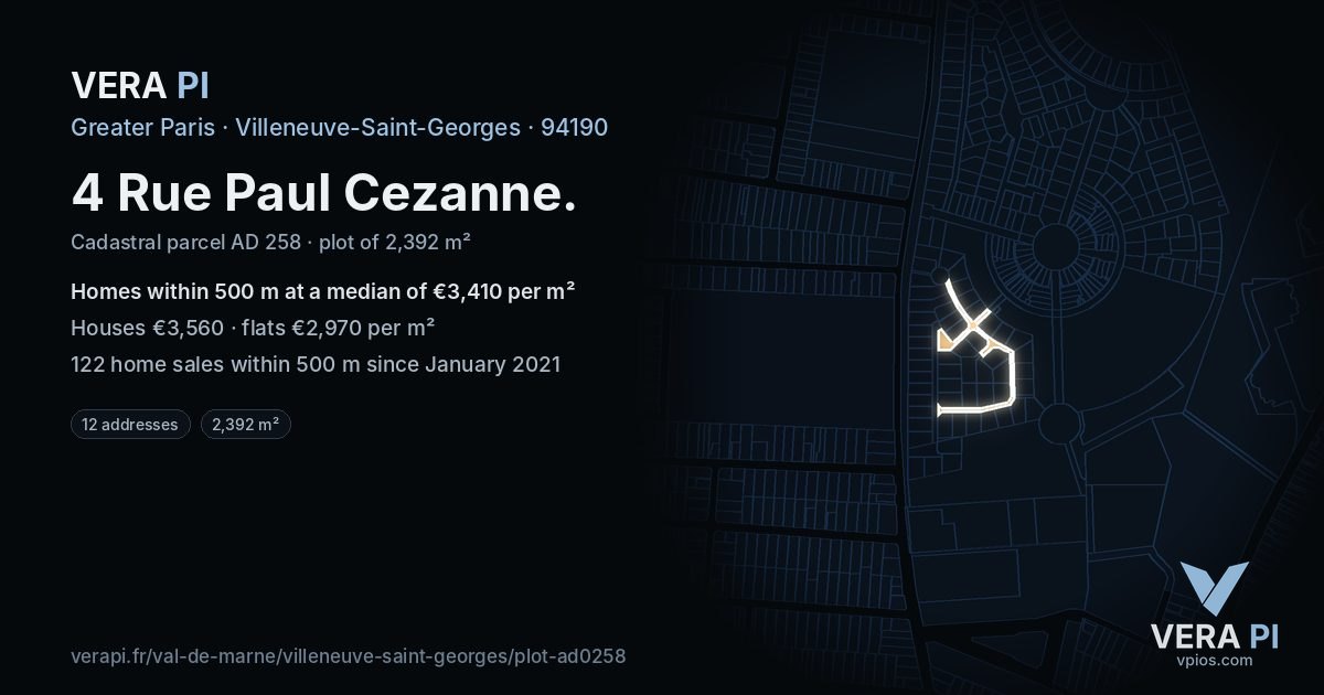 4 Rue Paul Cezanne, Villeneuve-Saint-Georges at night – the plot lit, the parcels around coloured by the prices near them