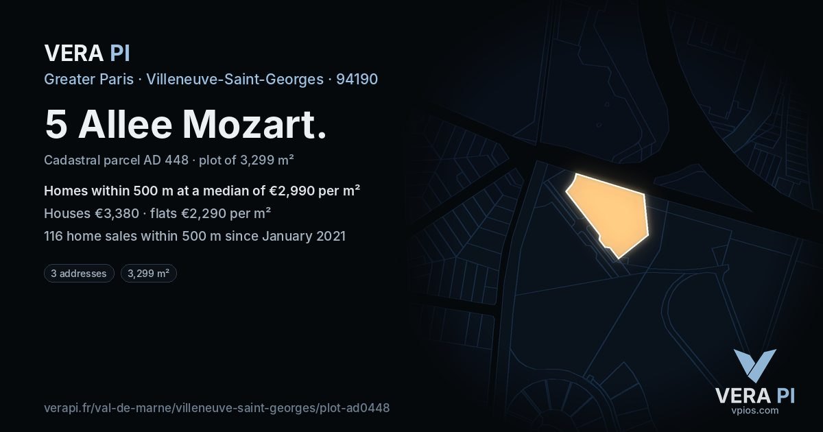 5 Allee Mozart, Villeneuve-Saint-Georges at night – the plot lit, the parcels around coloured by the prices near them