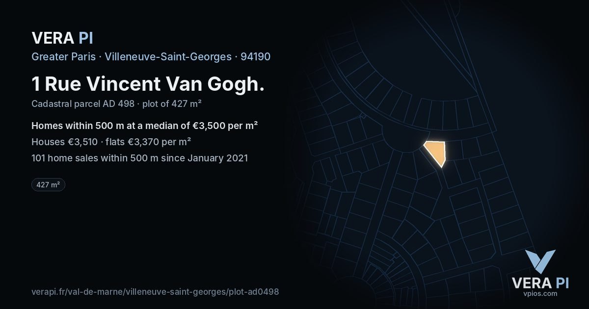 1 Rue Vincent Van Gogh, Villeneuve-Saint-Georges at night – the plot lit, the parcels around coloured by the prices near them