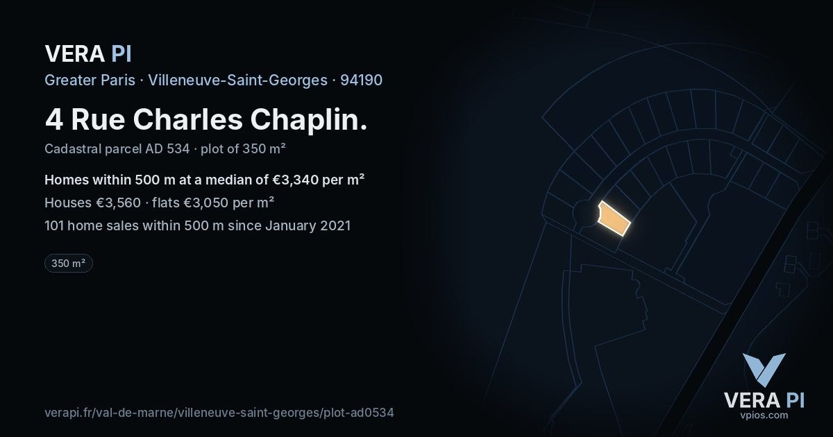 4 Rue Charles Chaplin, Villeneuve-Saint-Georges at night – the plot lit, the parcels around coloured by the prices near them