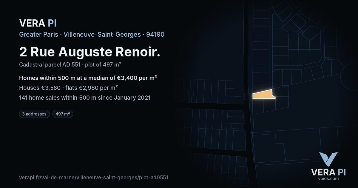 2 Rue Auguste Renoir, Villeneuve-Saint-Georges at night – the plot lit, the parcels around coloured by the prices near them