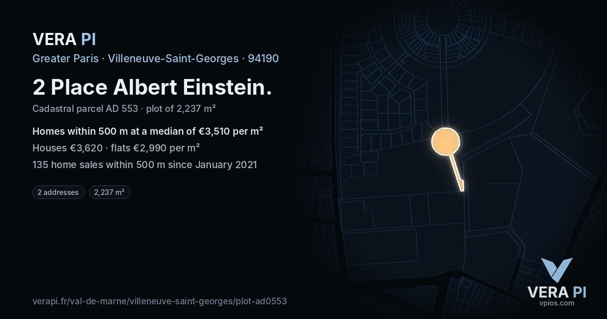 2 Place Albert Einstein, Villeneuve-Saint-Georges at night – the plot lit, the parcels around coloured by the prices near them
