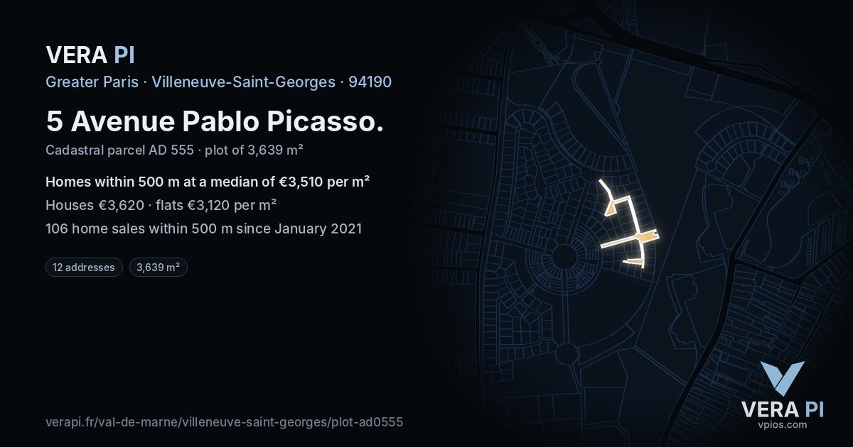 5 Avenue Pablo Picasso, Villeneuve-Saint-Georges at night – the plot lit, the parcels around coloured by the prices near them