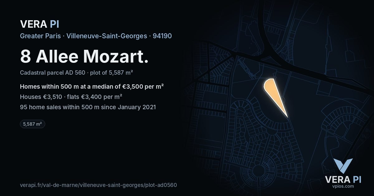 8 Allee Mozart, Villeneuve-Saint-Georges at night – the plot lit, the parcels around coloured by the prices near them