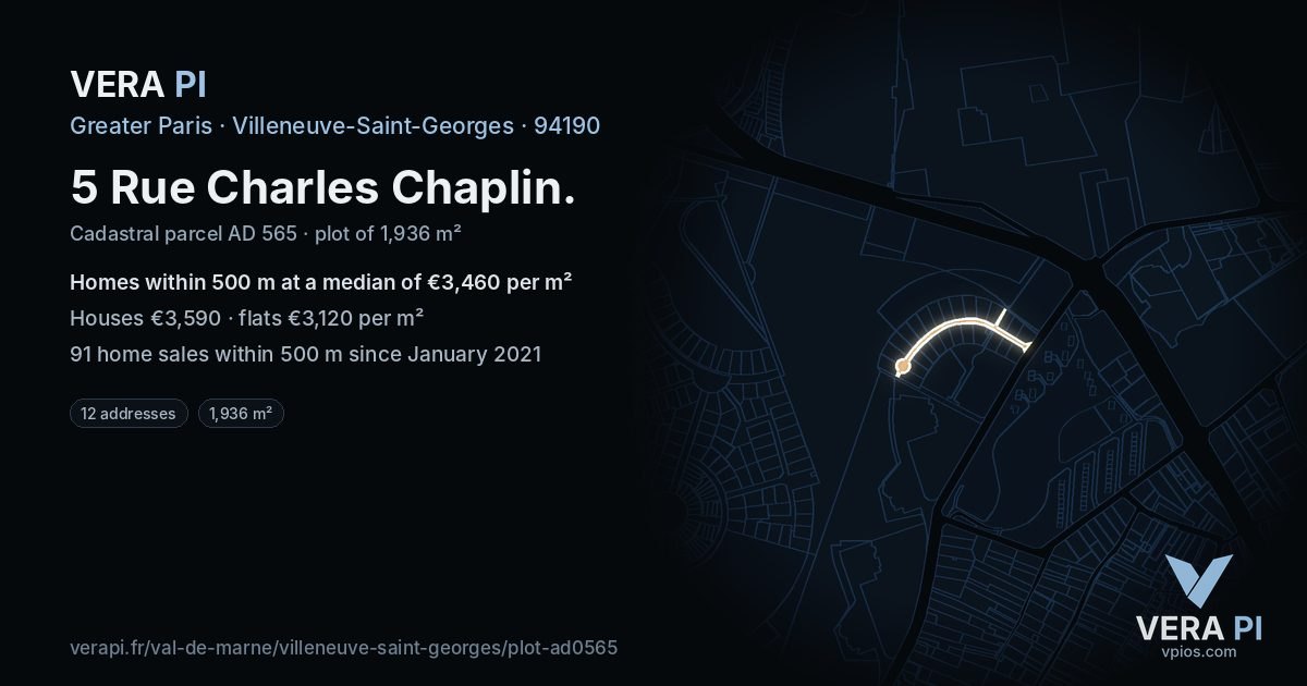 5 Rue Charles Chaplin, Villeneuve-Saint-Georges at night – the plot lit, the parcels around coloured by the prices near them